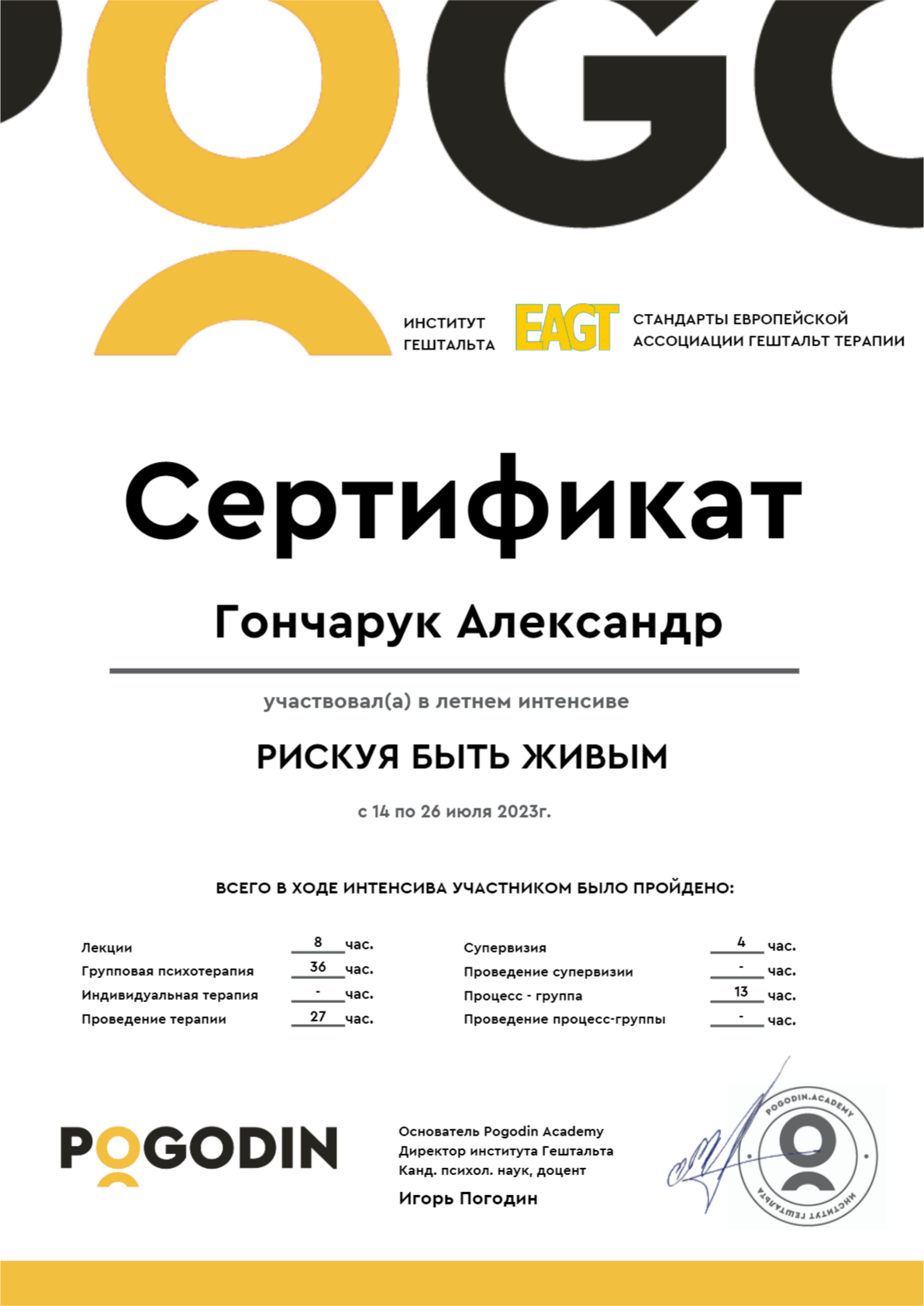 Сертификат Александра Гончарука