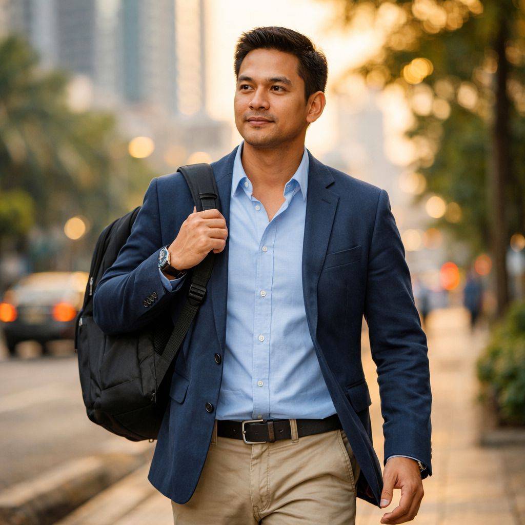 Pria muda berjalan percaya diri di jalan kota sebagai ilustrasi transformasi emosi dari ragu menjadi percaya diri