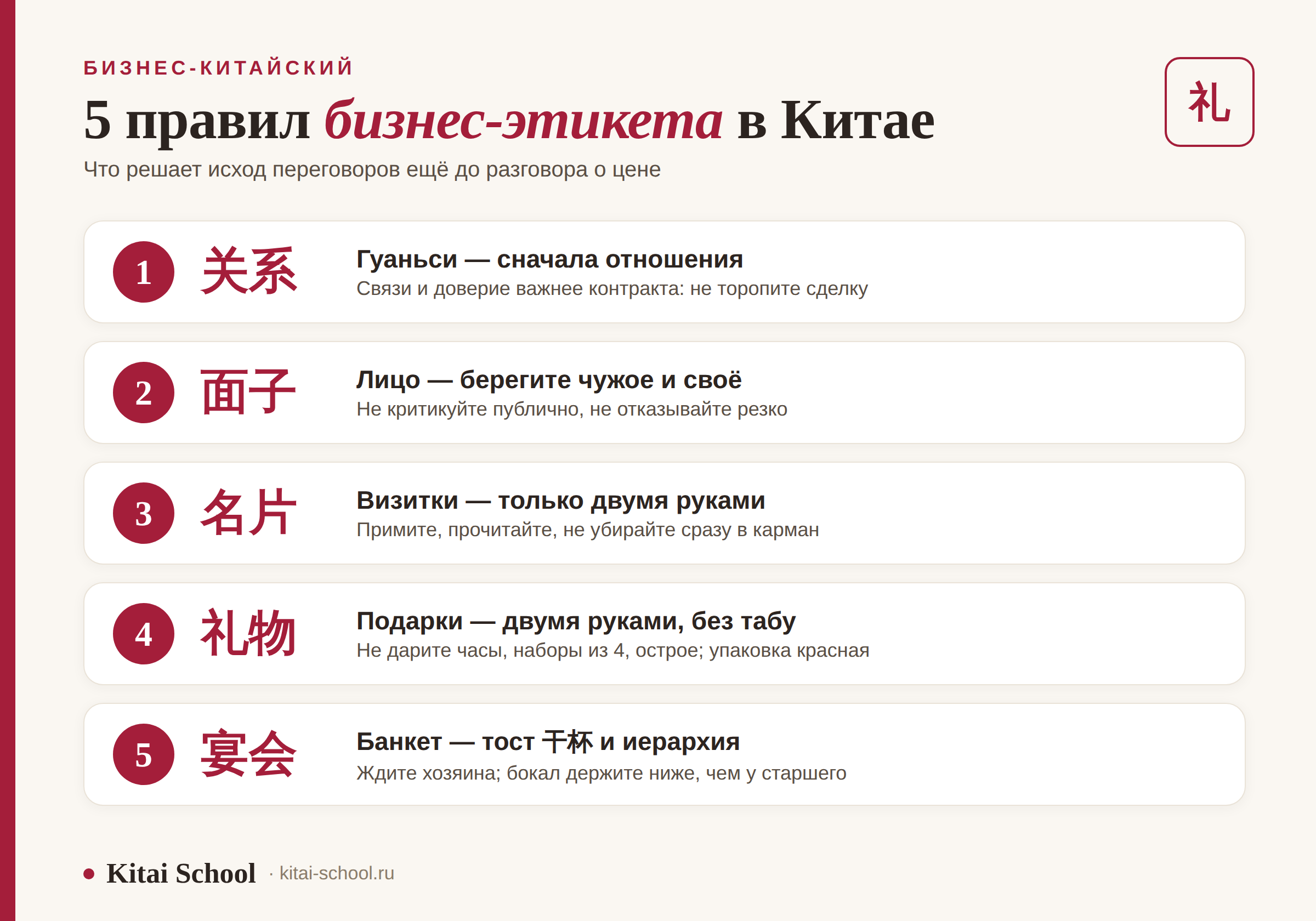 5 правил бизнес-этикета в Китае: гуаньси (关系), лицо (面子), визитки (名片), подарки (礼物), банкет (宴会)