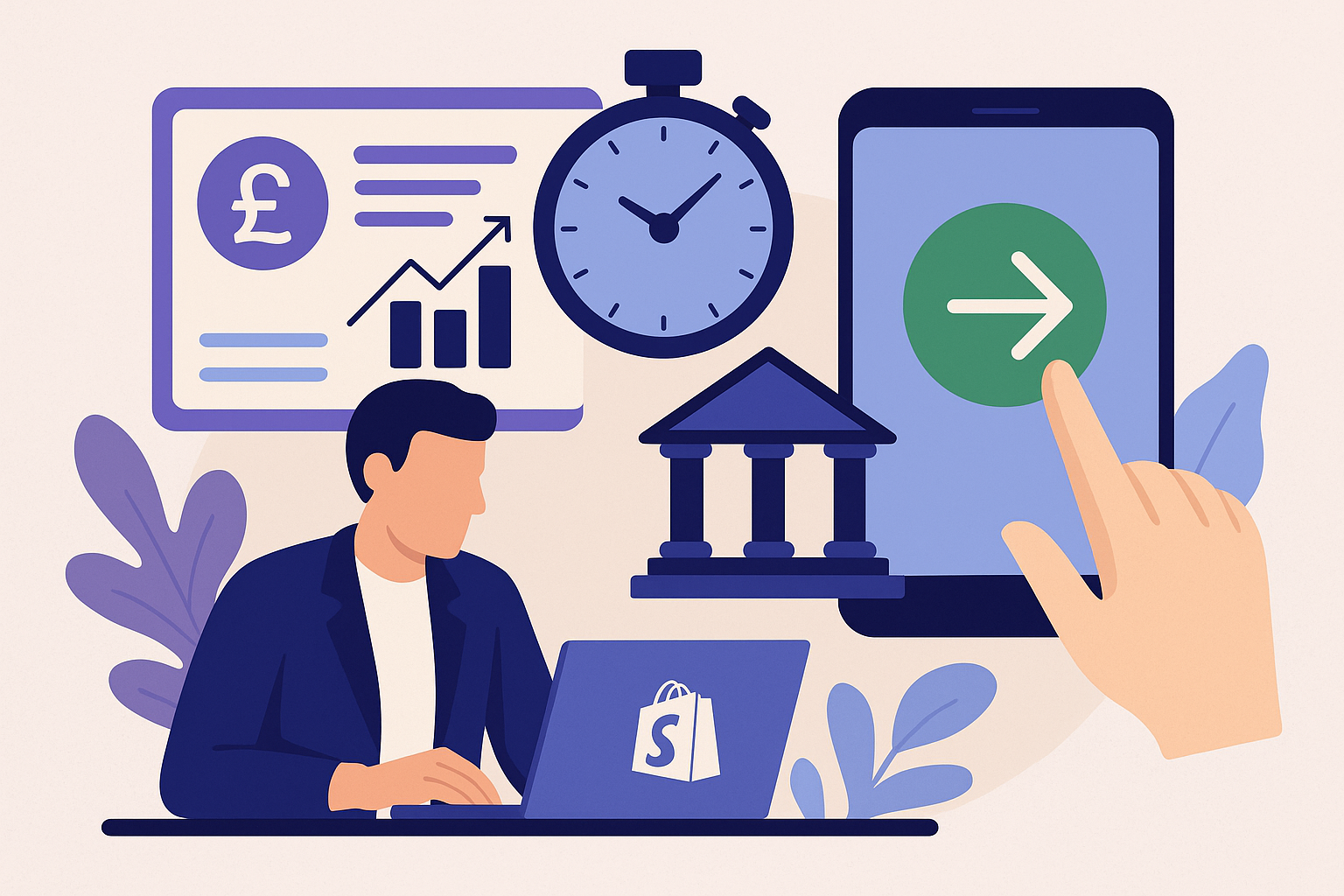 Illustration of a Shopify CFO analyzing cash flow on a laptop, surrounded by icons of real-time payments, banking, and revenue dashboards
