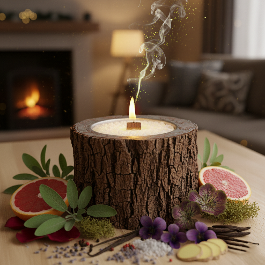 Свеча в спиле дерева с ароматом Дубовый мох и янтарь