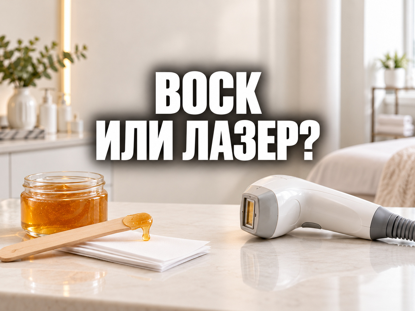 Воск и лазерный аппарат на столе светлого кабинета; по центру фраза «ВОСК ИЛИ ЛАЗЕР?»