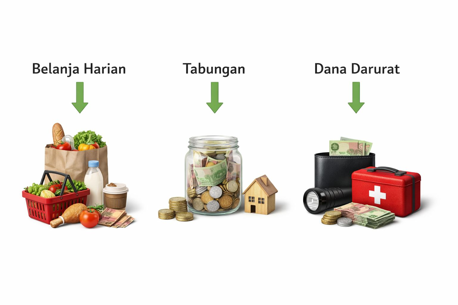 Ilustrasi pembagian uang untuk belanja harian, tabungan, dan dana darurat agar cashflow lebih rapi
