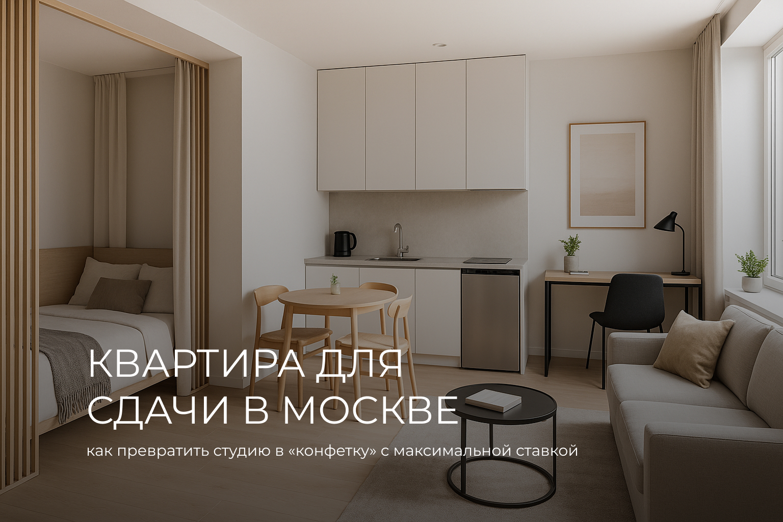 Студия для аренды: кровать-ниша с перегородкой, компактная кухня, стол на двоих, рабочее место и зона гостиной в светлой нейтральной палитре.