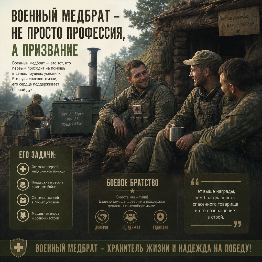 Военный медбрат в полевых условиях на отдыхе — сидит у блиндажа, общается с боевыми товарищами, на фоне полевой кухни и военного лагеря, атмосфера боевого братства и взаимоподдержки