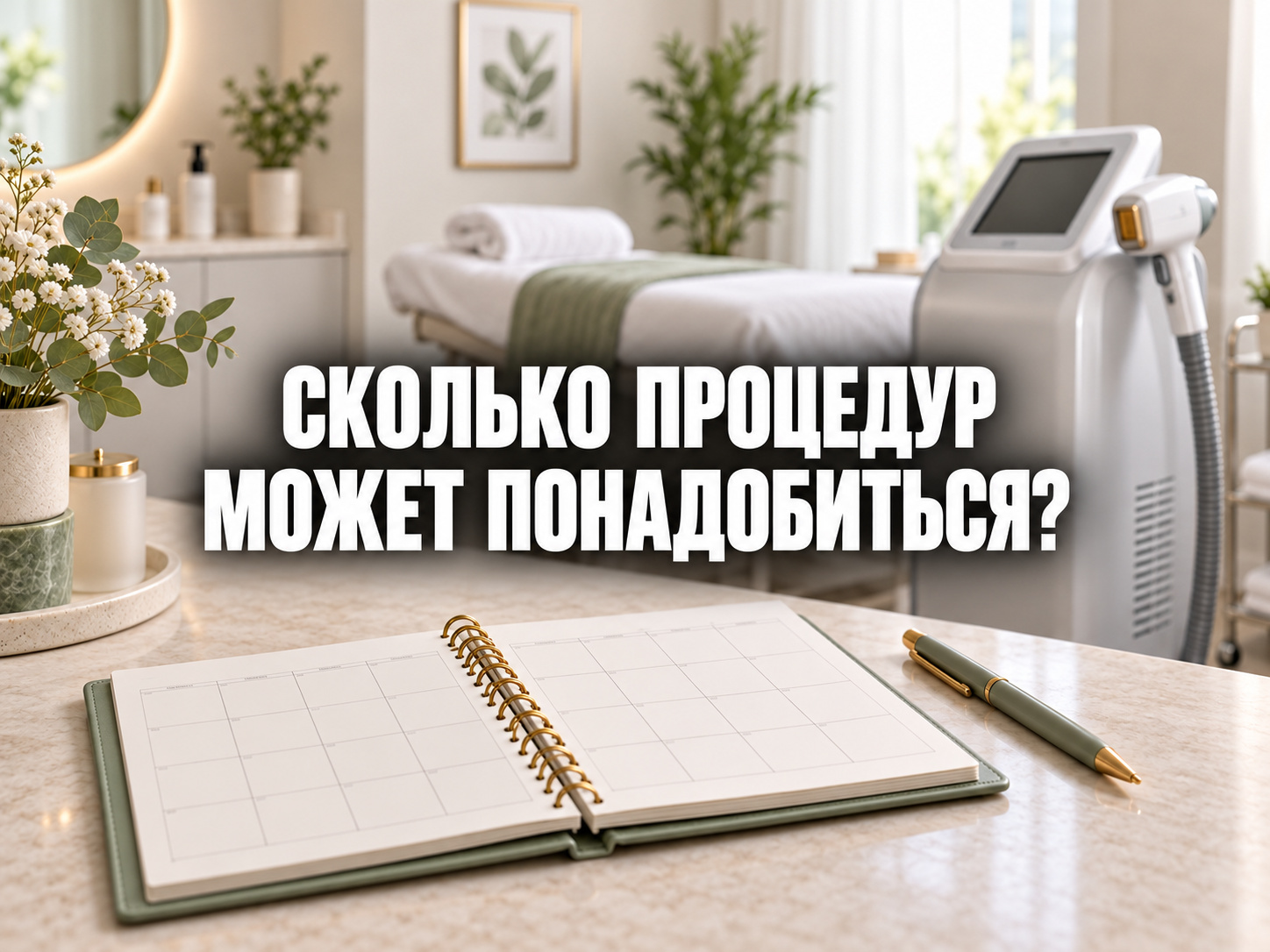 Сколько процедур лазерной эпиляции может понадобиться — факторы индивидуального курса; по центру фраза «СКОЛЬКО ПРОЦЕДУР МОЖЕТ ПОНАДОБИТЬСЯ?»