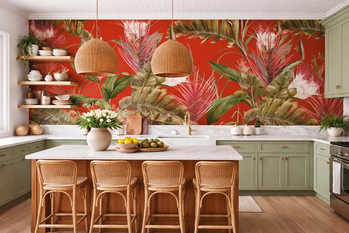 Дизайнерские обои «Аурелия dark» с тропическими листьями на красном фоне в интерьере кухни с зелёными фасадами