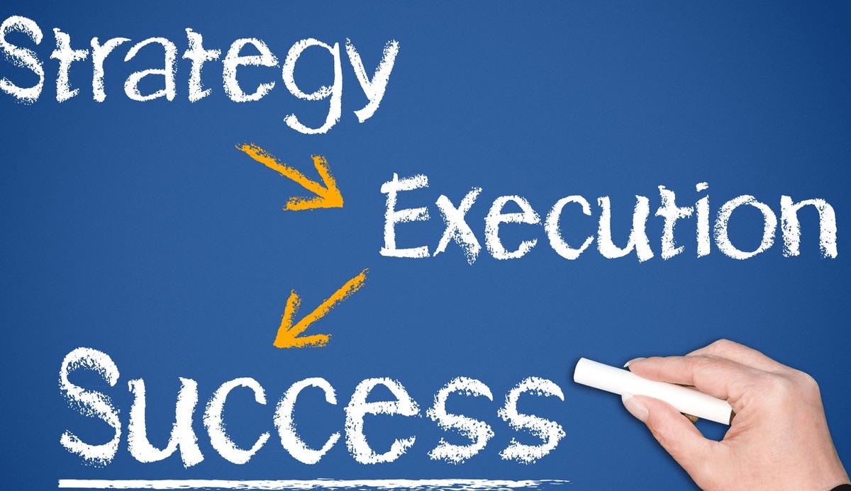 Рука мелом пишет на синей доске: Strategy, стрелка к Execution, стрелка к Success