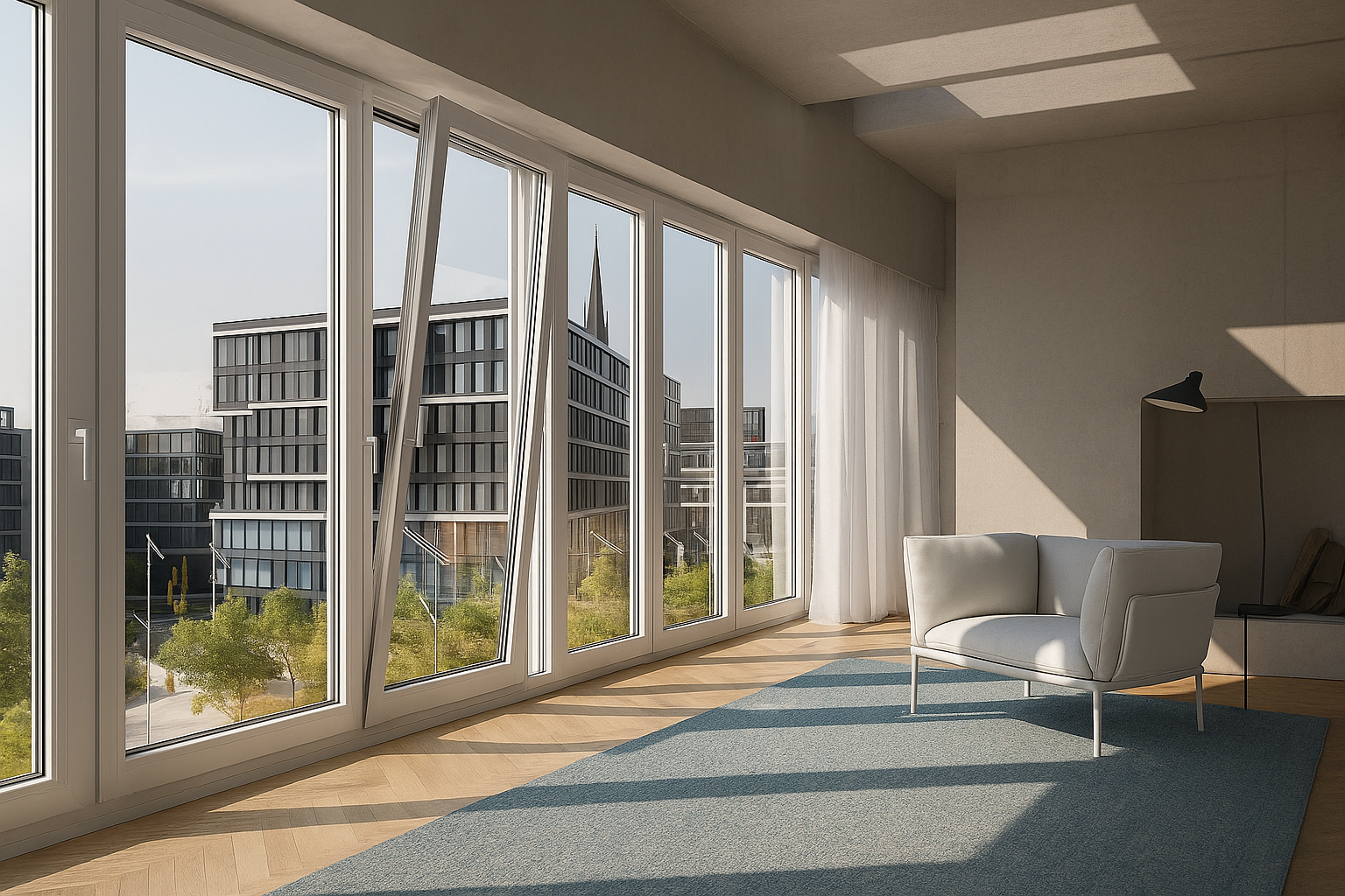 Современная гостиная с панорамными пластиковыми окнами от пола до потолка и видом на деловой квартал, внутри — светлый интерьер и кресло.