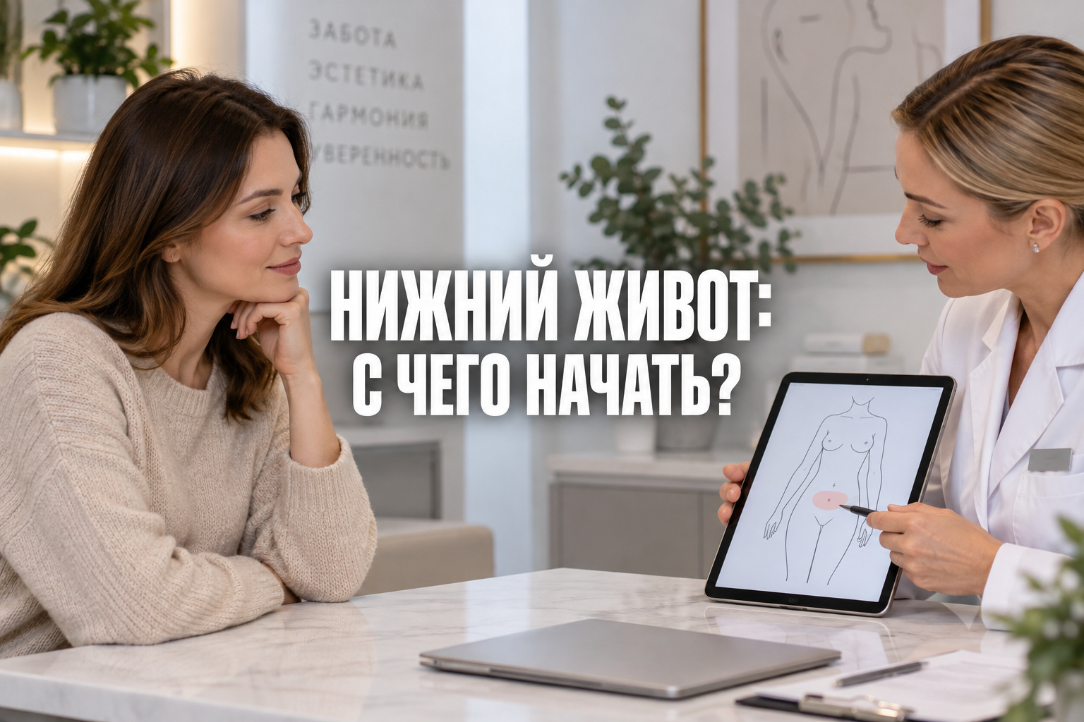Специалист показывает клиентке область на нейтральной схеме; по центру фраза «НИЖНИЙ ЖИВОТ: С ЧЕГО НАЧАТЬ?»