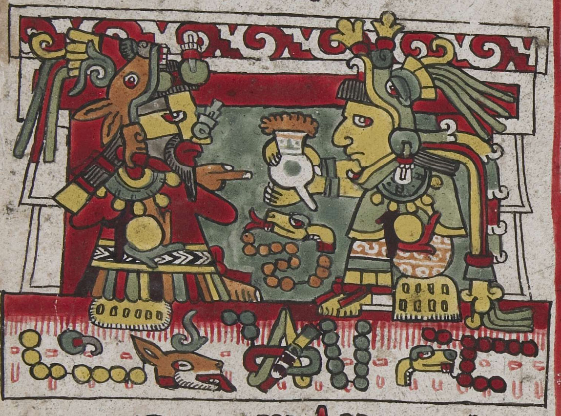 Невеста подносит жениху напиток какао со взбитой пеной во время свадебной церемонии. Миштекский Кодекс Нэттол, 1200-1521 гг. н.э. Коллекция The British Museum