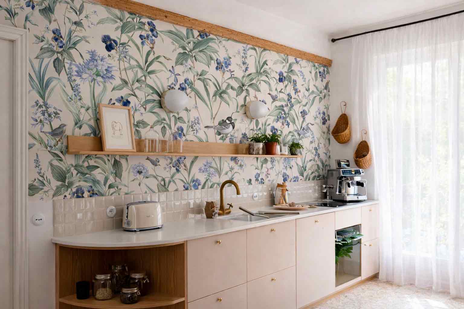 Дизайнерские обои «Аурелия» с тропическими листьями в интерьере детской комнаты с розовой мебелью и рабочей зоной