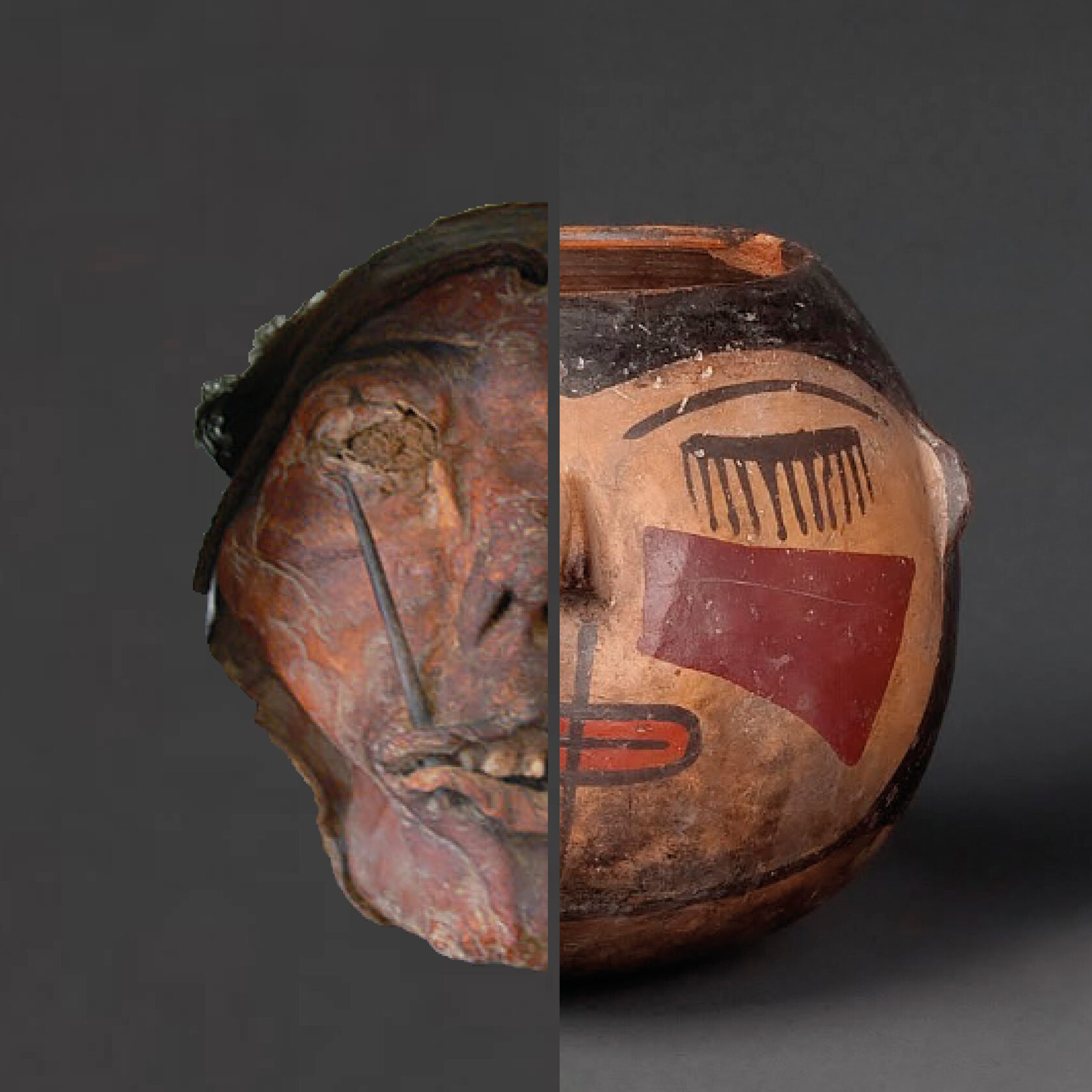 Мумифицированная трофейная голова из коллекции Museum zu Allerheiligen, Schaffhausen и сосуд в виде трофейной головы культуры Наска (1-800 гг. н.э.) из коллекции Museo Larco, Lima.