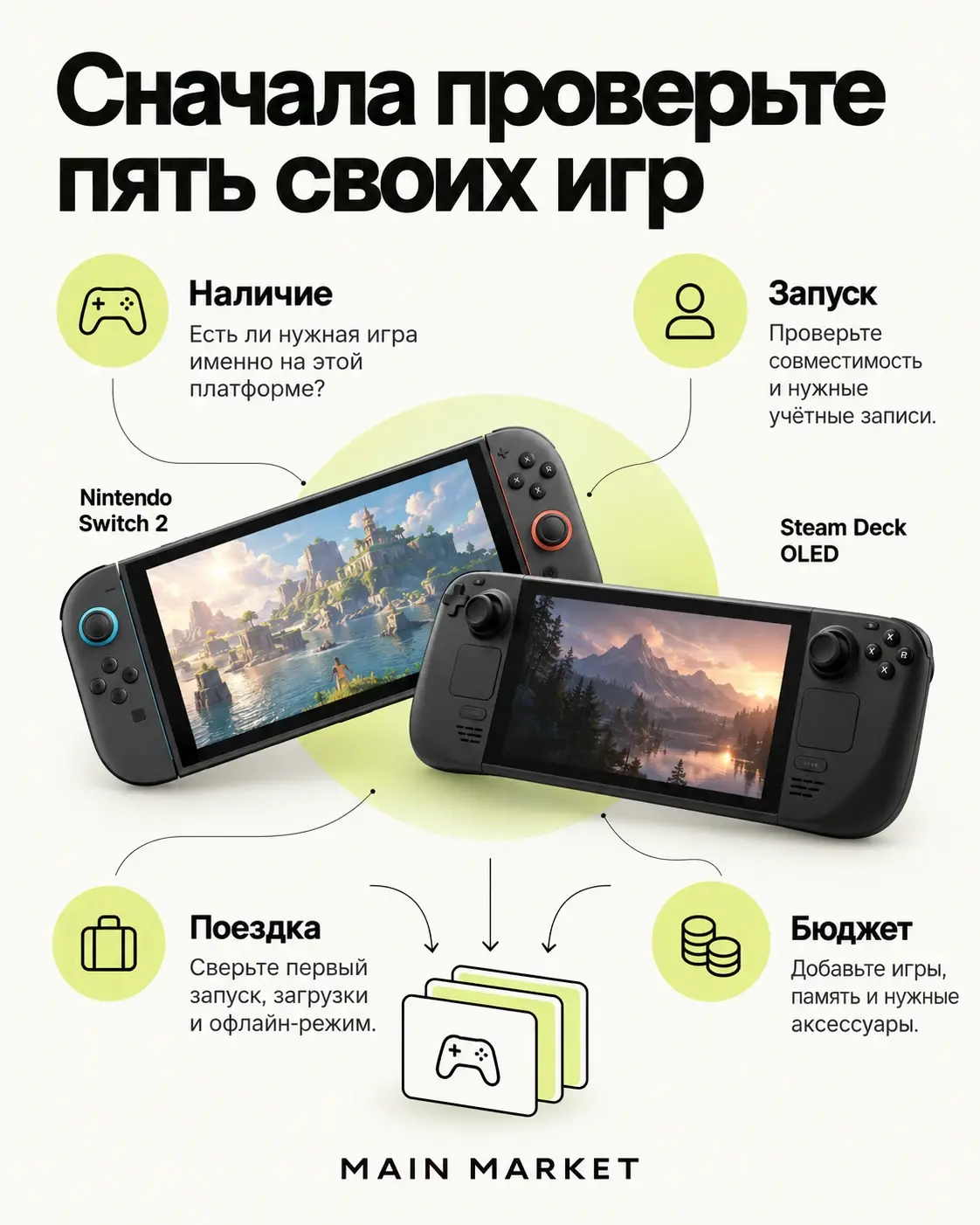 Выбор Switch 2 или Steam Deck OLED по играм, совместимости и офлайн-режиму