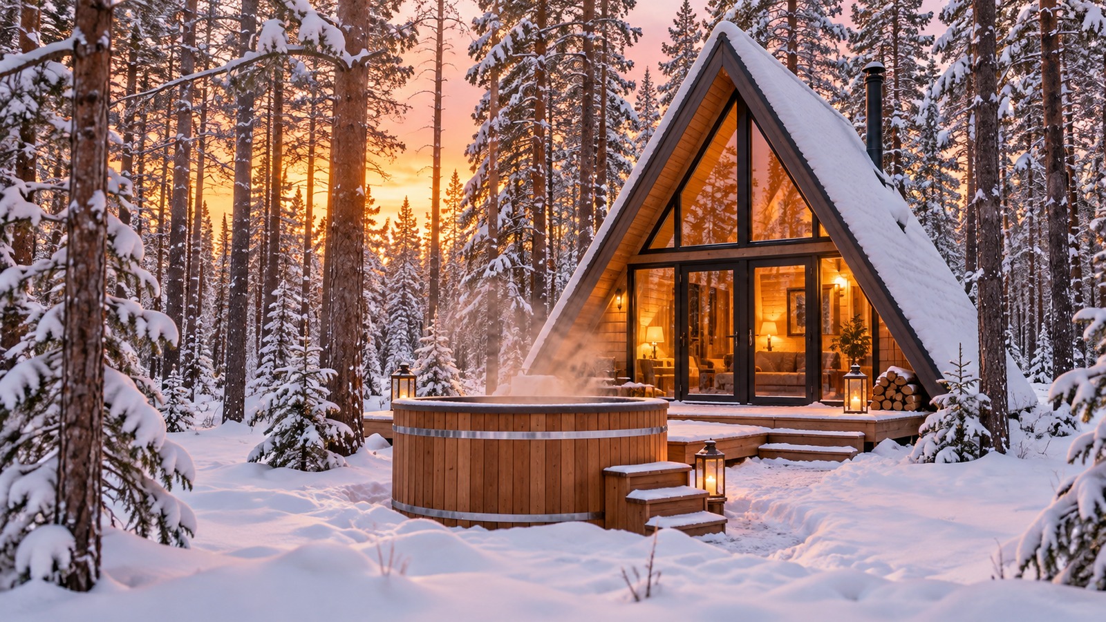 Домик A-frame и банный чан в заснеженном лесу на закате