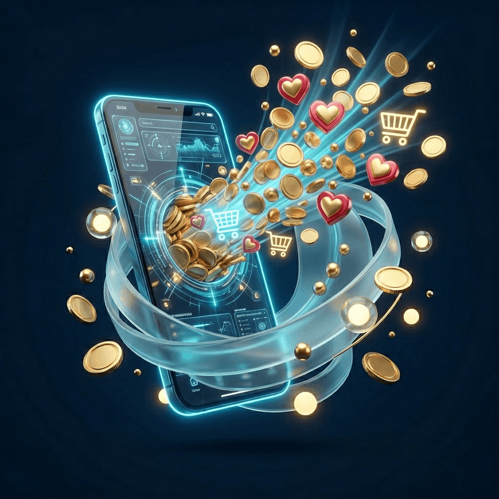 Концепция SMM: смартфон с неоновой подсветкой, монетами и сердечками