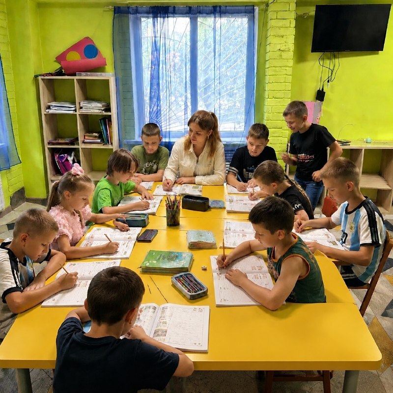 Педагог помогает детям выполнять домашние задания
