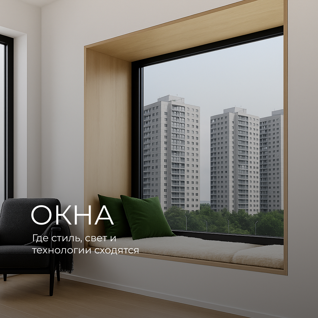 Панорамное окно в современной квартире с деревянным откосом и видом на городские многоэтажки, оформленное в минималистичном стиле.