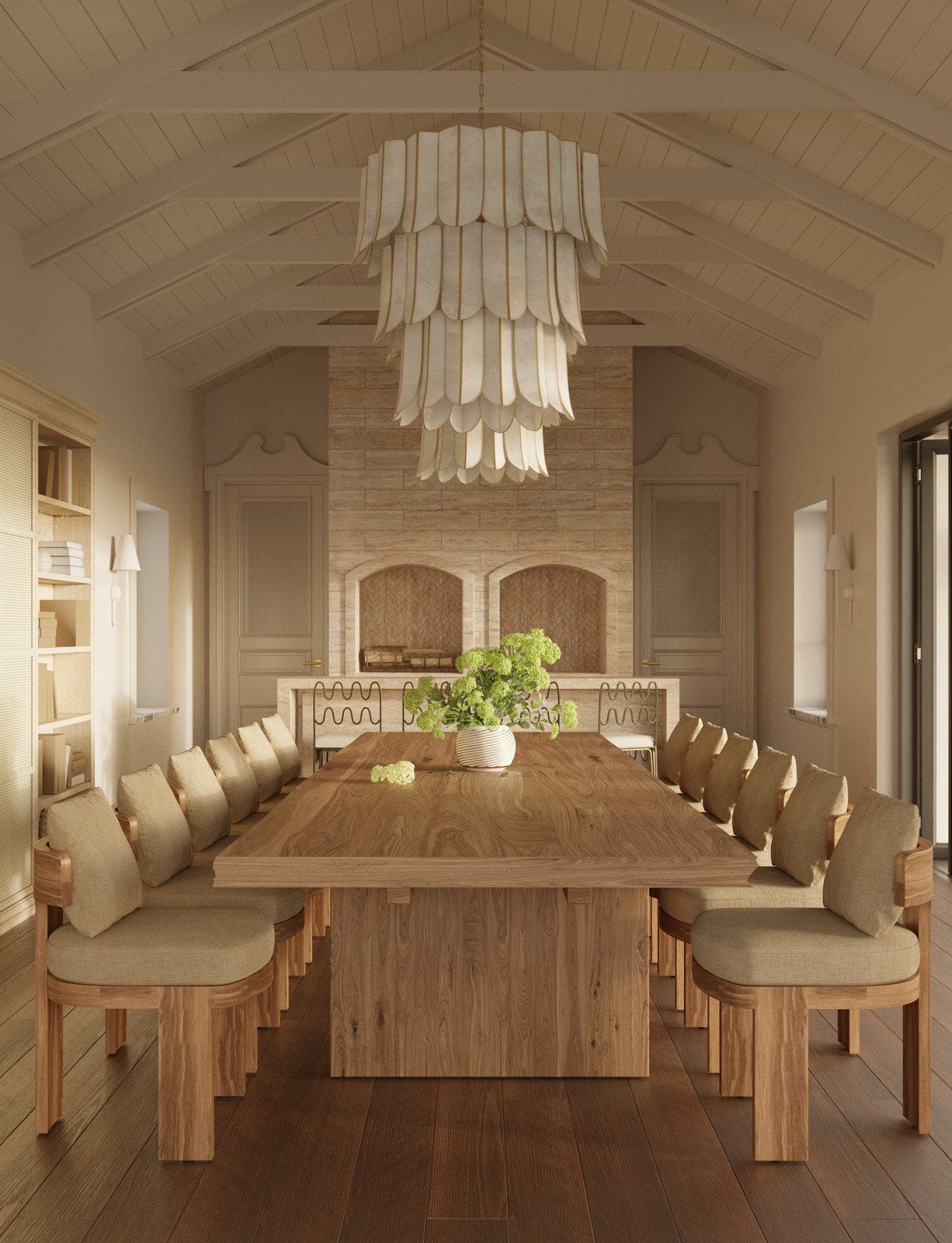 Малый дом с солнечной гостиной с большим столом в спокойной цветовой гамме. Дизайнер интерьера Екатерина Фёдорова