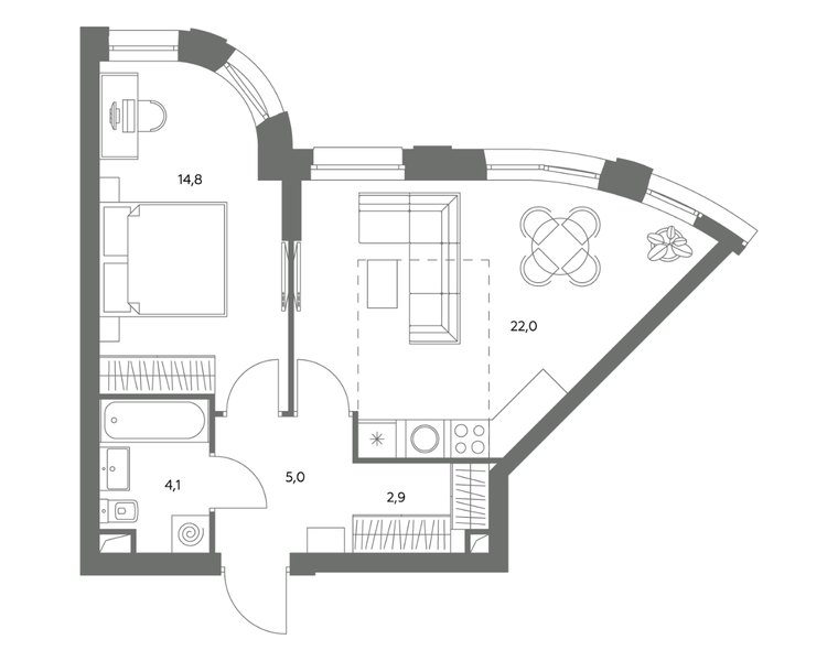 Планировка 2-комнатной квартиры 48,8 м² в ЖК «Адмирал»: корпус 1.1, секция 1, 14-й этаж