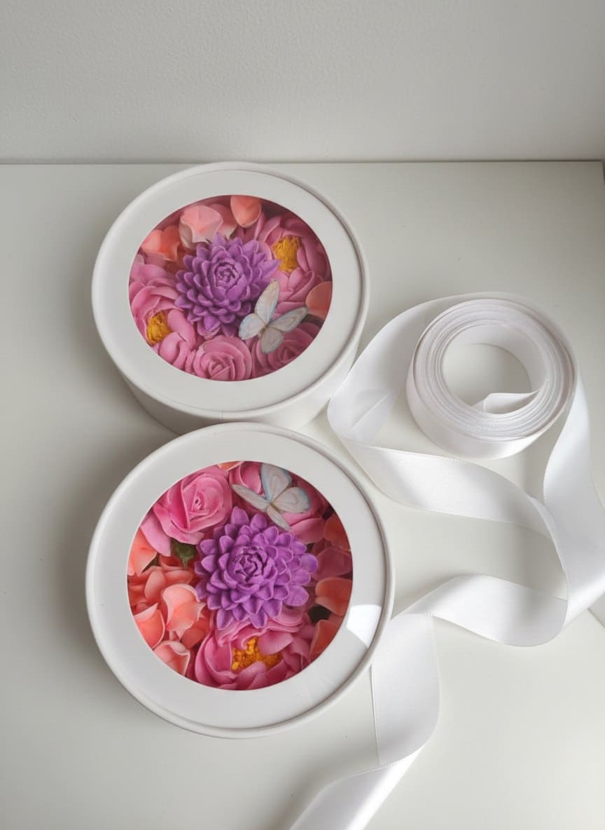 Художественные цветы из зефира в шляпной коробке с окном, диаметр 16 см 1