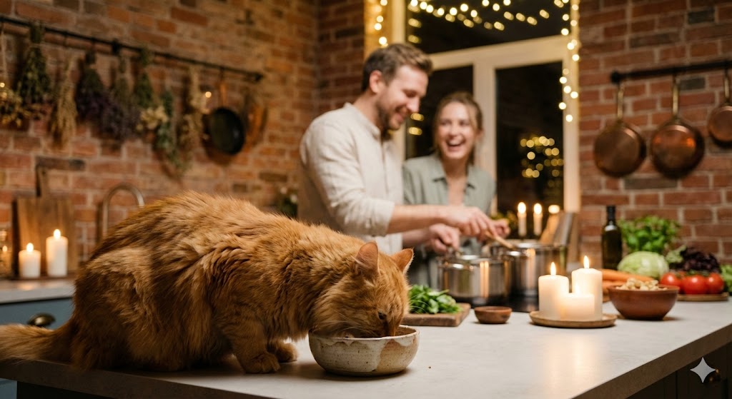 Уютный вечер 14 февраля, кормление кота и романтический ужин при свечах
