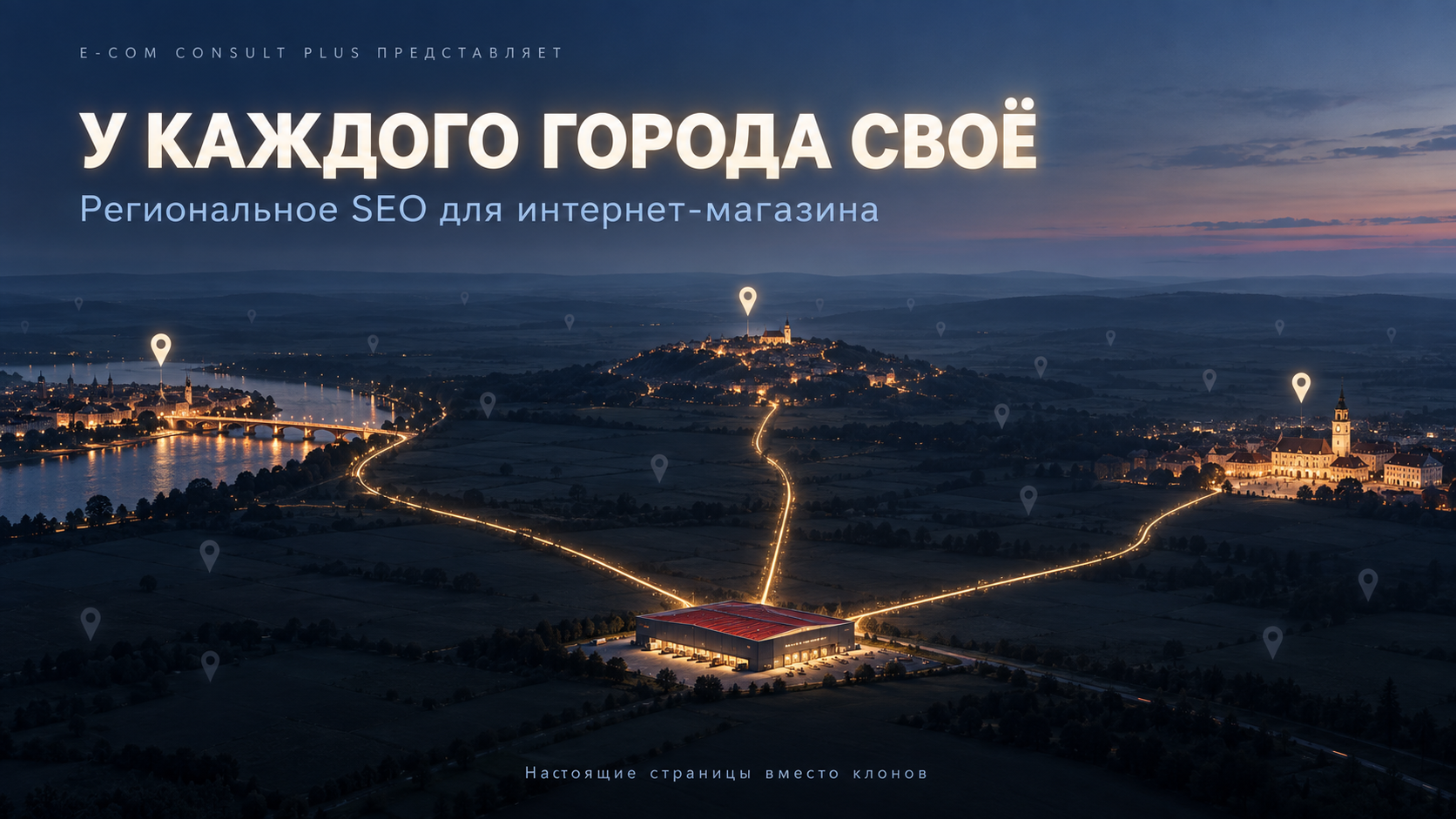 Обложка «У каждого города своё»: вид сверху в сумерках, от склада с красной крышей светящиеся дороги ведут к трём разным городам с метками на карте