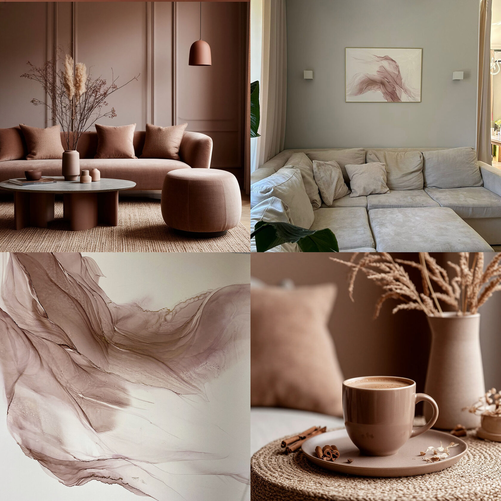 Mocha Mousse от Pantone в пастельной интерьерной картине-абстракции спиртовыми чернилами ручной работы — коллаж из четырёх изображений в шоколадной гамме