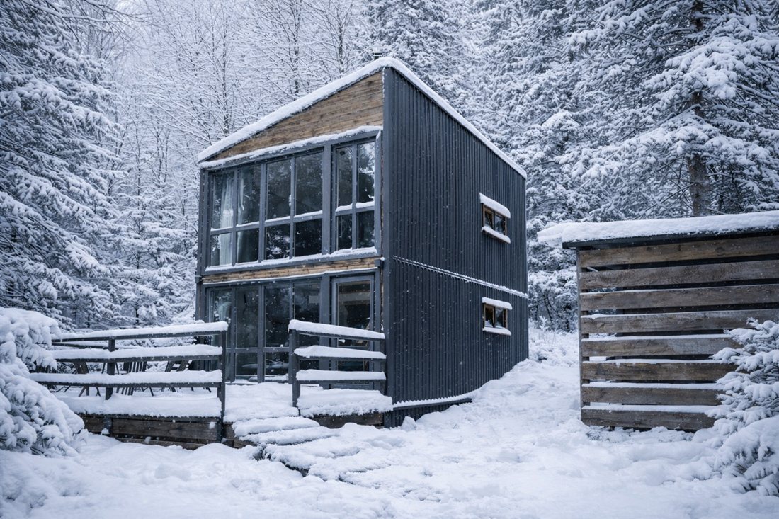Зимний фасад домика Лесной в WOOD, Архыз