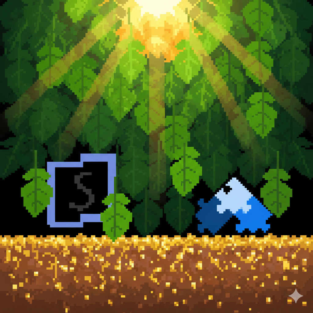 Pixelated image with Solanica and OpenEverest logos under leaves