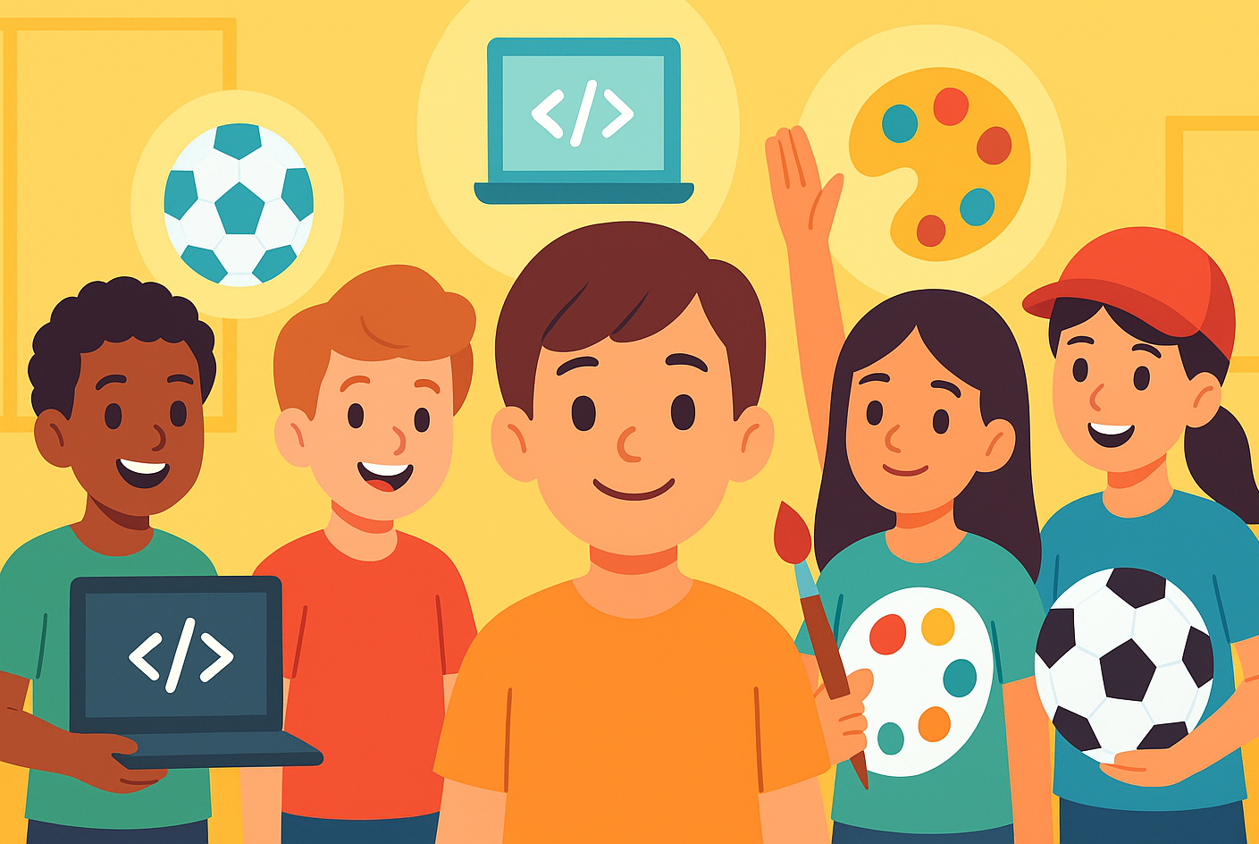 Яркая иллюстрация: разнообразная группа увлеченных детей (мальчики и девочки) держат символы хобби — ноутбук с кодом, кисть и палитру, футбольный мяч. Дружелюбная атмосфера выбора кружков для ребенка: программирование, творчество и спорт.