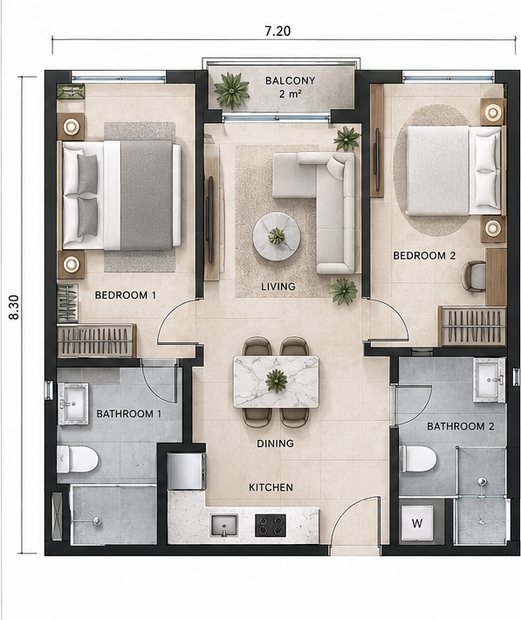 Планировка 2-комнатной квартиры 56 м²