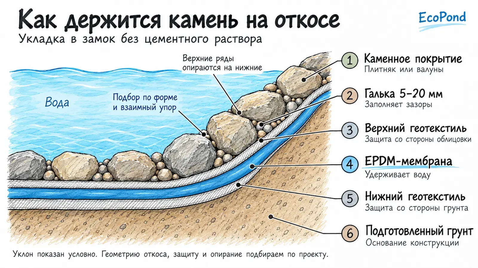 Схема укладки камня на откосе с галькой, геотекстилем и EPDM-мембраной
