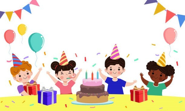 картинка дети на дне рождения с тортом и подарками в шапочках