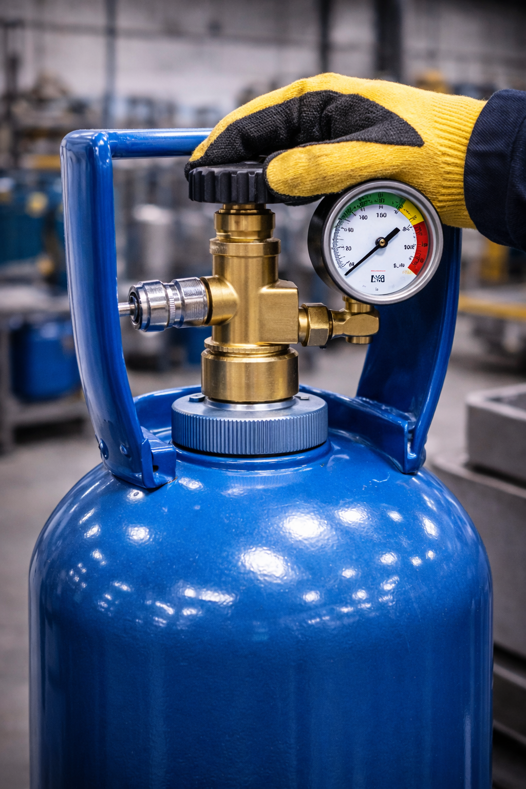 Крупный план редуктора газовой рампы с манометрами, установленного на распределительном коллекторе с медными трубками.