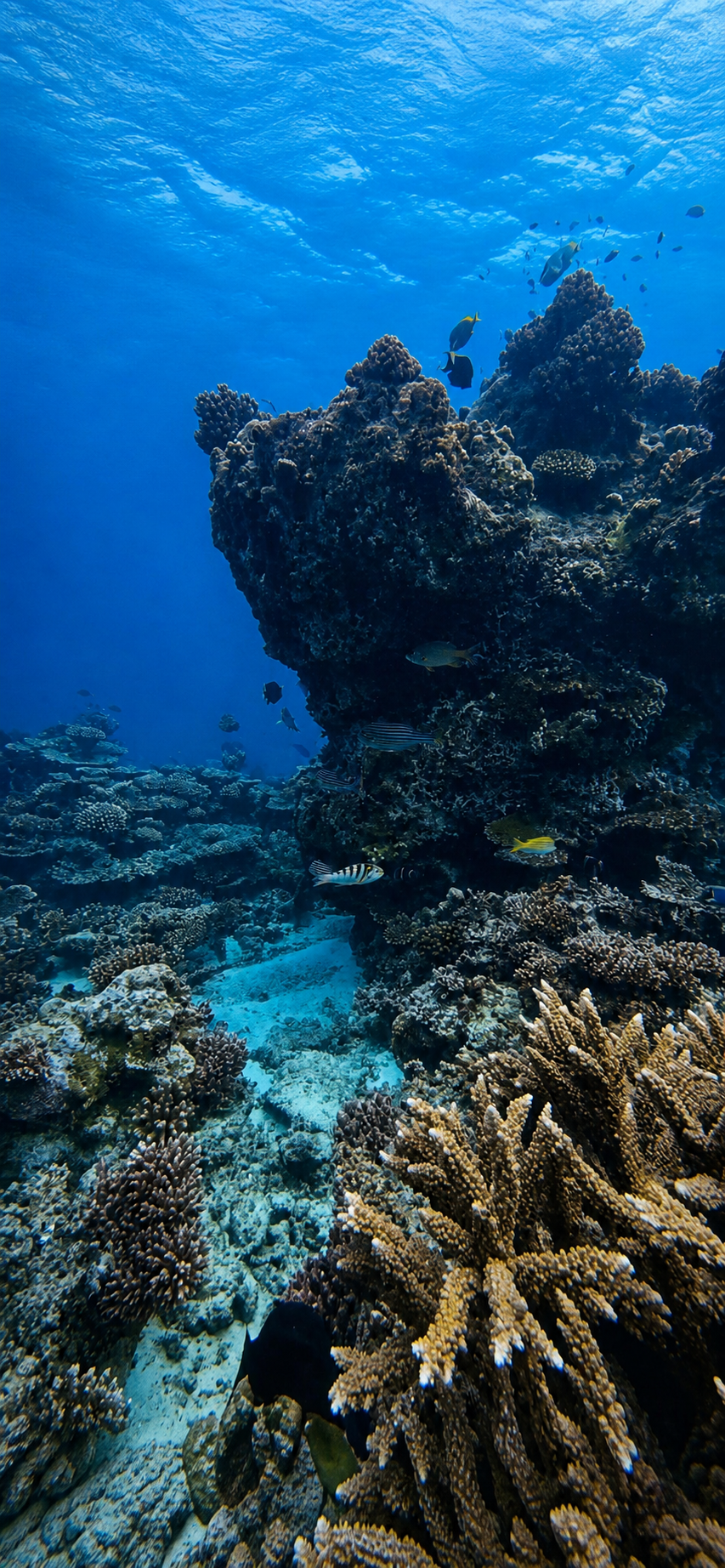 Лучи света сквозь воду, коралловый риф