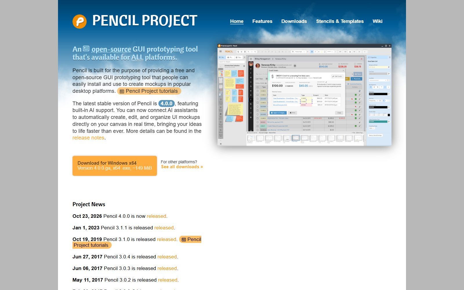 Pencil Project homepage announcing version 4.0.0 (October 2026)