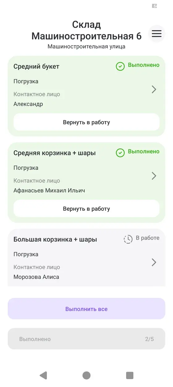 Заказы на точке с отметками о выполнении