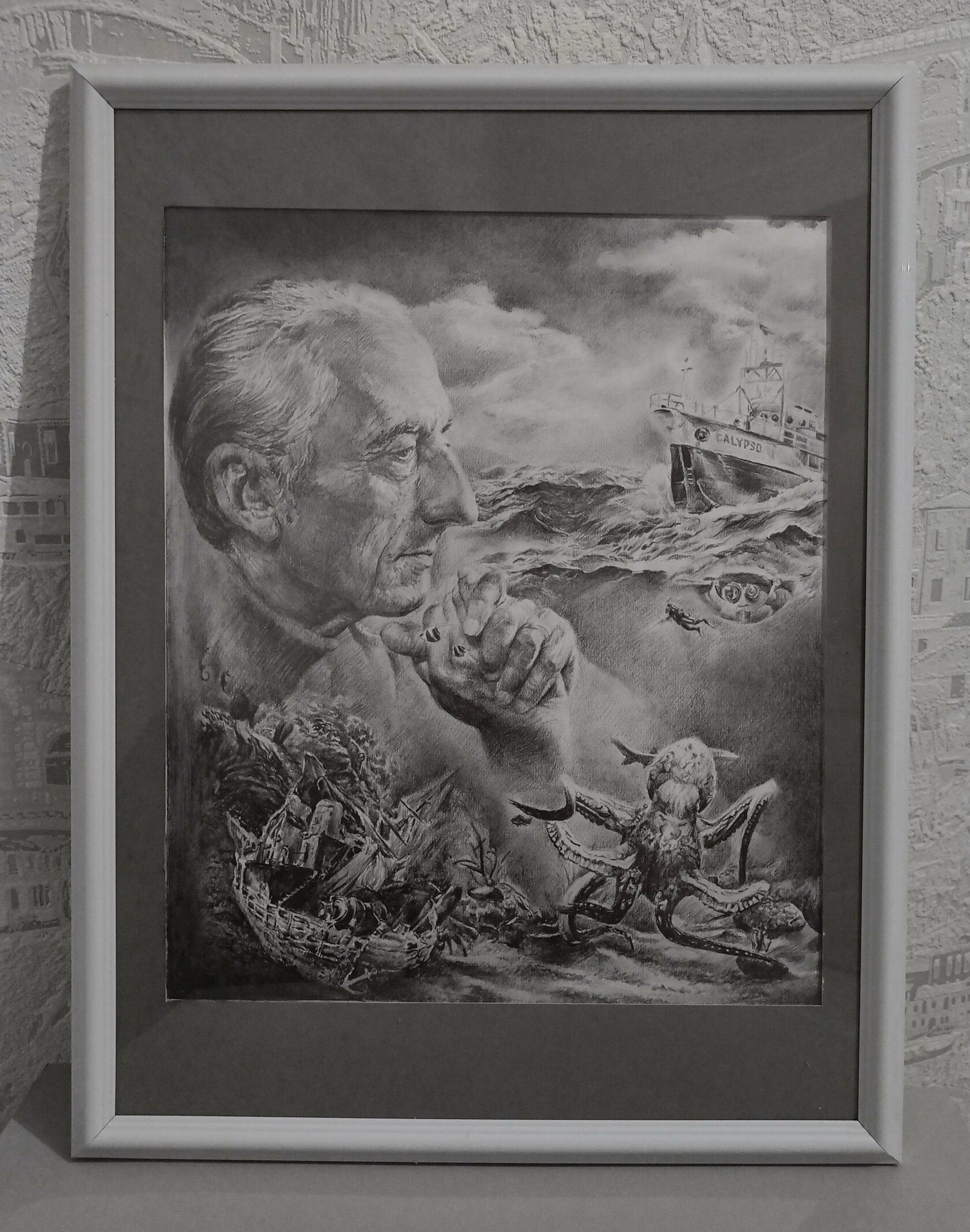  Жак Ив Кусто, купить картину, Калипсо корабль, рисунки, спрут, графика рисунки, красивые картины, подводный мир, рисунки карандашом, красивые рисунки, творчество, картины художников, картина океан, акваланг, графика купить, картины