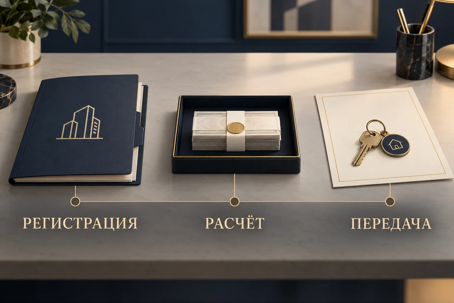 Концептуальная схема завершения сделки с квартирой: регистрация права, расчёт и передаточный акт