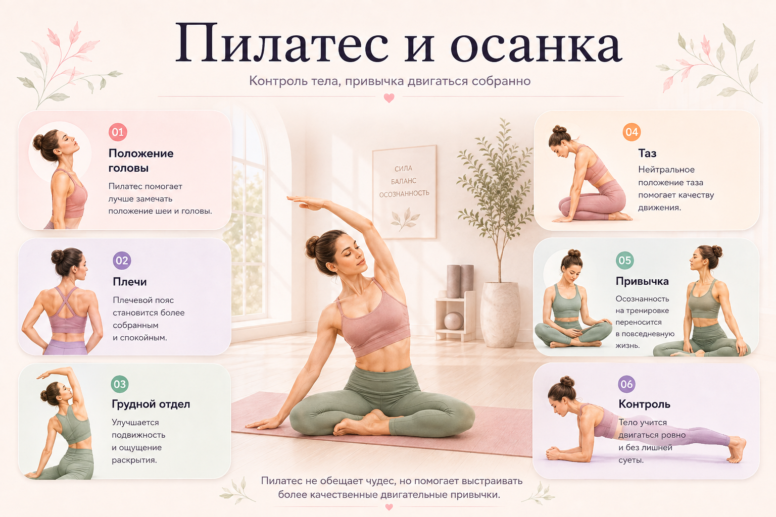 Пилатес и осанка: контроль положения головы, плеч, грудного отдела, таза и корпуса
