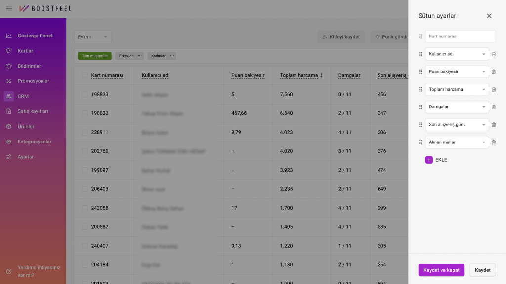 Boostfeel CRM ekranında fırın ve pastane müşterileri için kart numarası, toplam harcama, damga, son alışveriş günü ve alınan ürünler sütunlarının ayarlanması