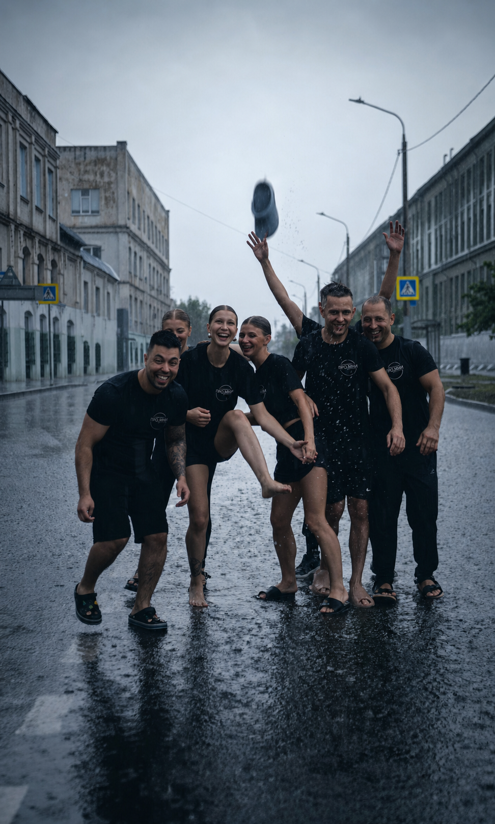 Команда PRO.МНИ в фирменных футболках – смех под дождём на съёмках