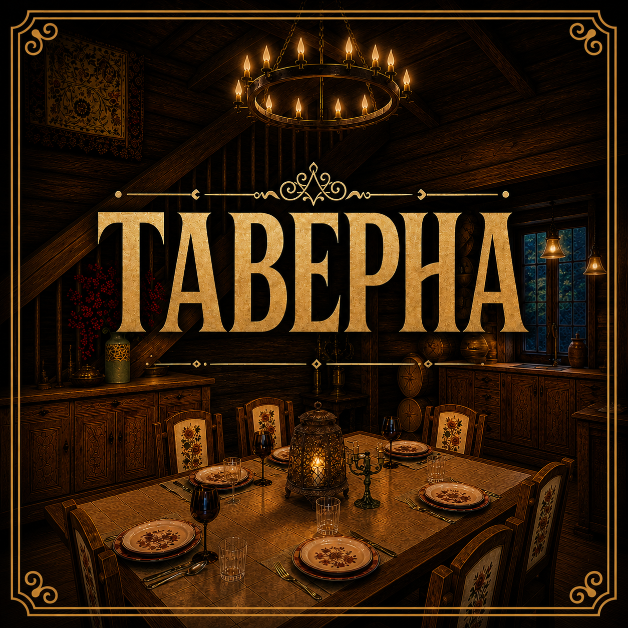 Интерьер таверны с большим накрытым столом