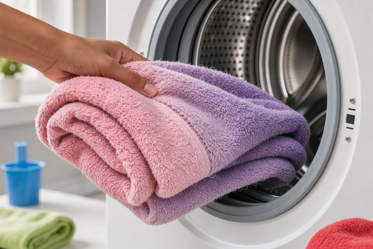Close-up of a fluffy towel being placed into a washing machine drum, focusing on texture and fabric fibers, no brand labels