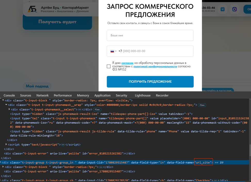 Поле url_site найдено в DOM формы через инструменты разработчика