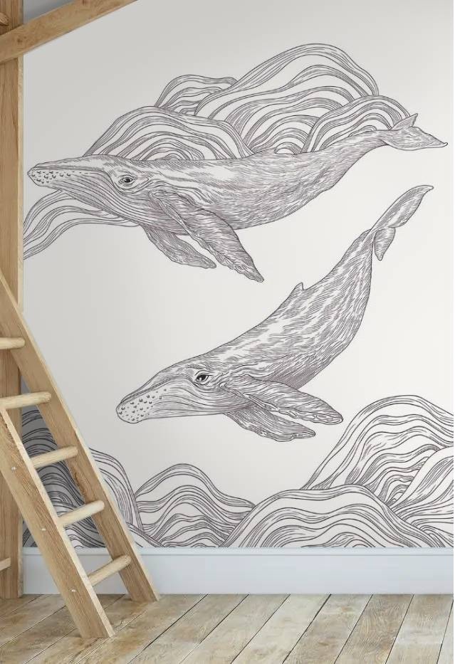 Красивая фреска- графика в ванную комнату или детскую Киты