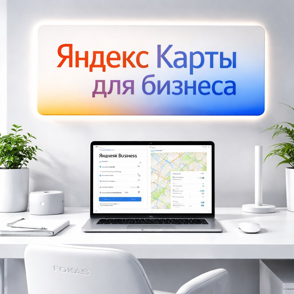 Современный офис FOKAS с вывеской Яндекс Карты для бизнеса и ноутбуком с формой регистрации