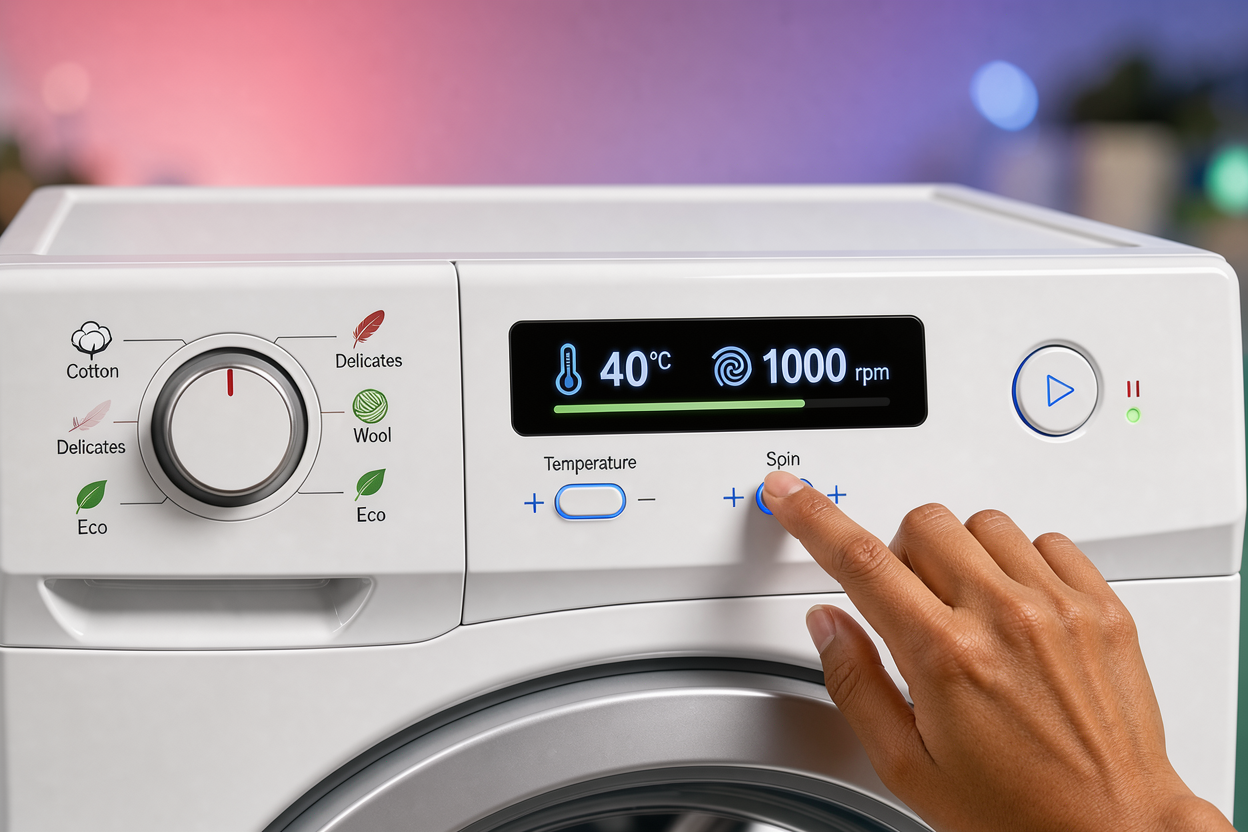 A washing machine control panel with clear icons for cotton, delicates, wool and eco programs, and a hand adjusting temperature and spin settings, no brand names