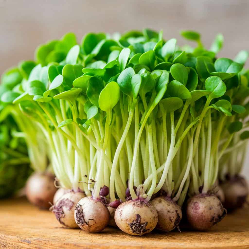 Микрозелень гороха крупным планом на деревянной доске, свежая и зелёная